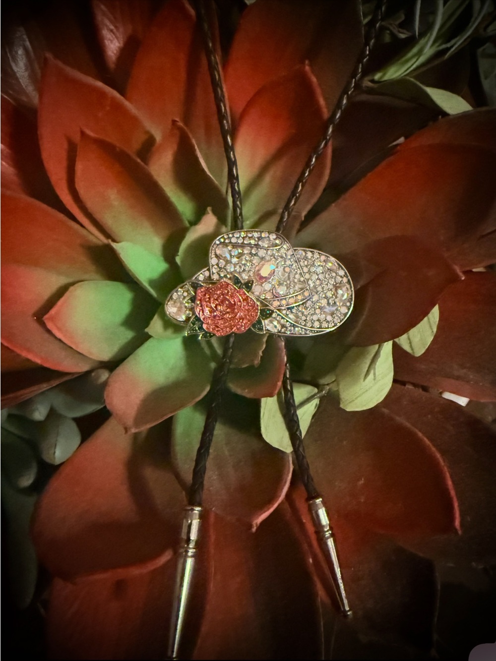 Western - handcrafted Crystal Cowboy Hat Bolo Tie with Red Rose Accent